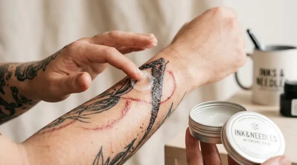 applying aftercare balm to healing text tattoo