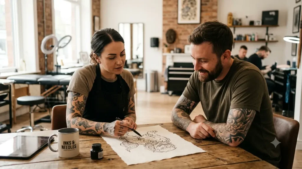 tattoo artist consulting client on scripture lettering design