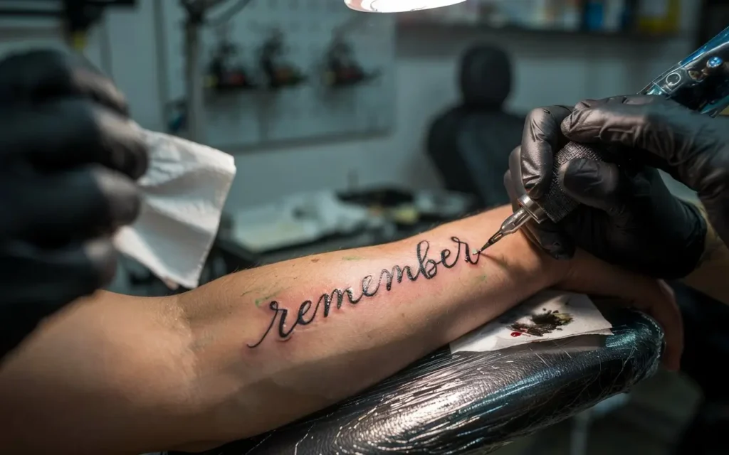 fine line scripture tattoo design being applied by artist