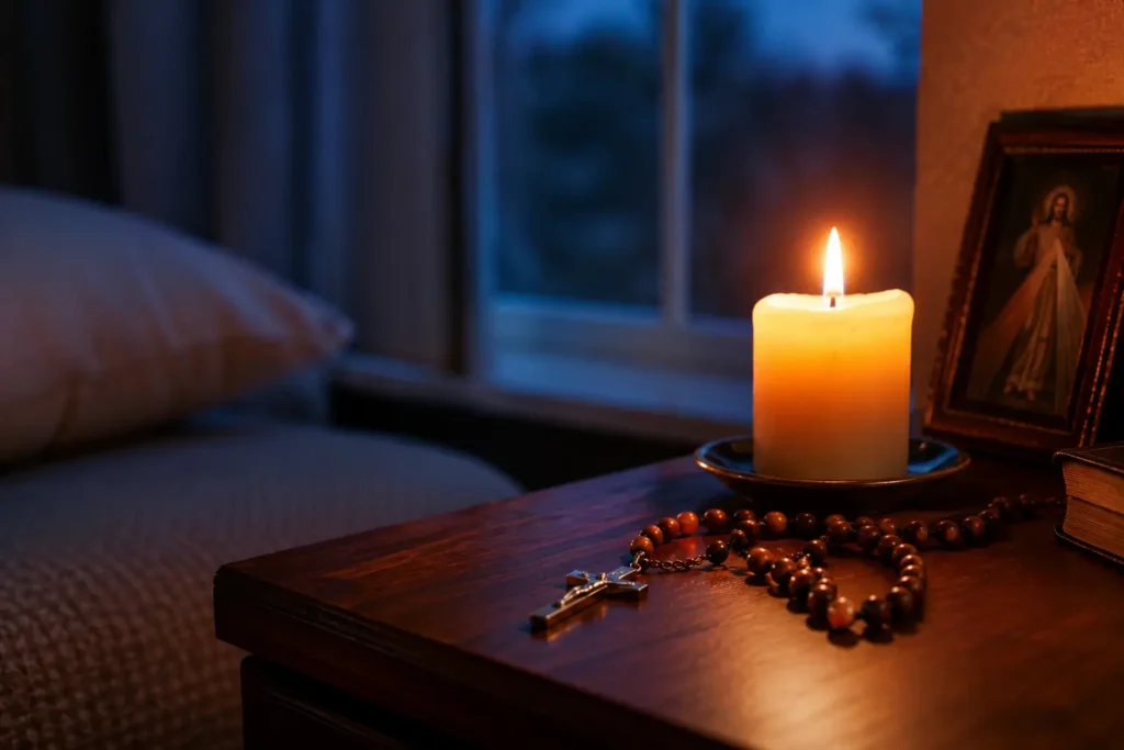catholic evening prayer for today with rosary and candle