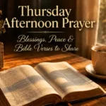 Thursday afternoon prayer with Bible and coffee, warm sunlit background