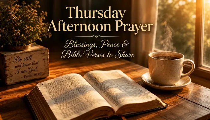 Thursday afternoon prayer with Bible and coffee, warm sunlit background