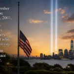 9/11 prayer for the nation, twin beams of light over city skyline at dusk