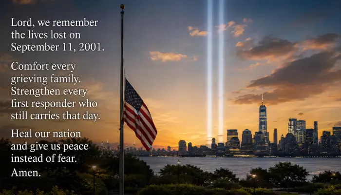 9/11 prayer for the nation, twin beams of light over city skyline at dusk
