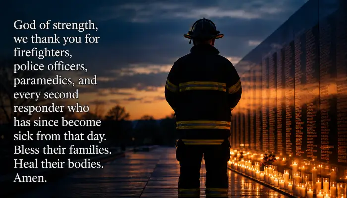 Prayer for firefighters and first responders on 9/11, silhouette at candle memorial